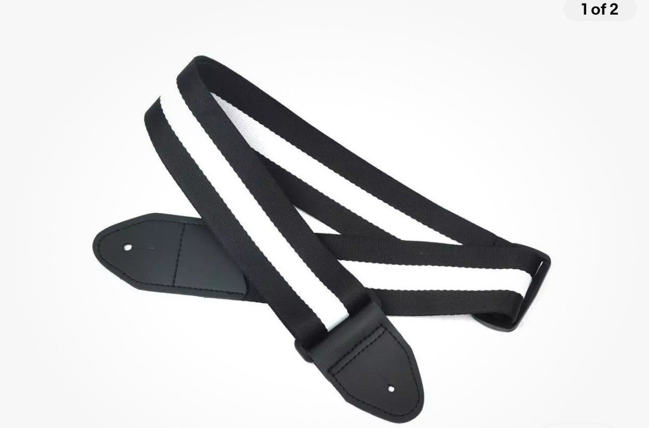 Cotton Stripe Leather Head Guitar Strap 2" Wide Black&white